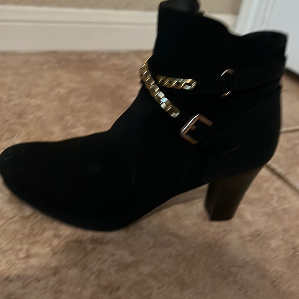 Black suede gold chain heel/boots by Mari A